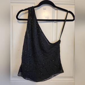 ANNE KLEIN Over one shoulder, beaded silk top